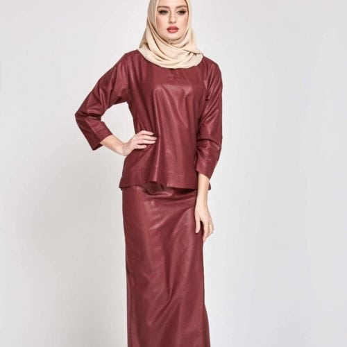 Qasimah Kurung Kedah Pesak Linen Shiner Dark Burgundy