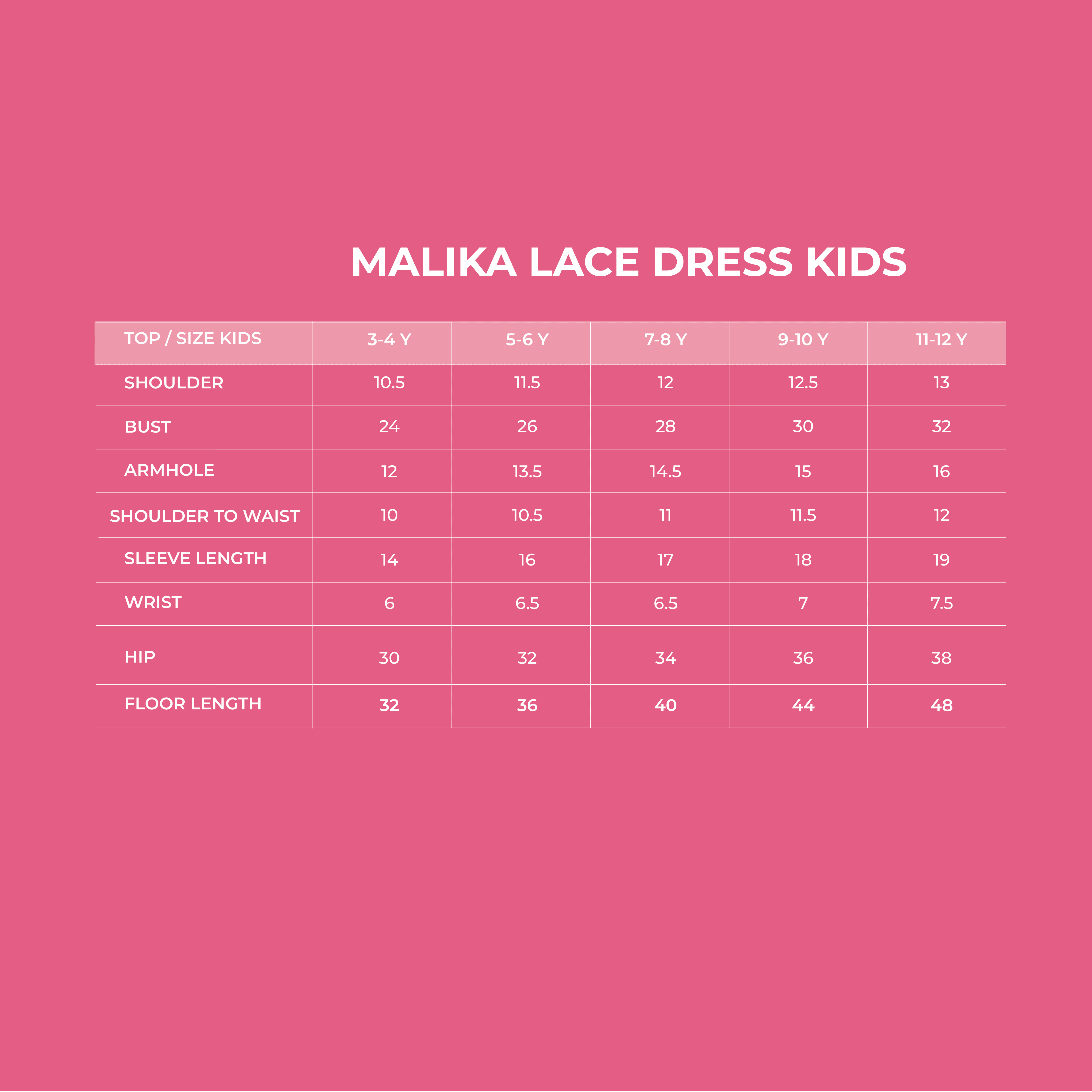 Malika Lace Dress Kids 2.0 Measurement